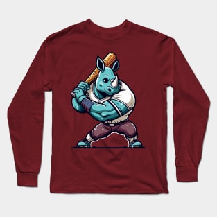 Vintage rhino batter - Retro 1990s Cartoon Style Baseball Art Long Sleeve T-Shirt